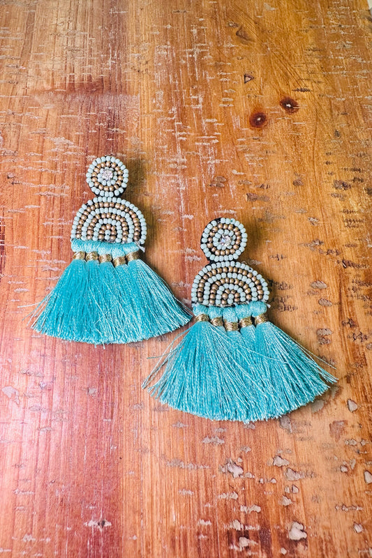 Turquoise & Gold Beaded Fringe Earrings