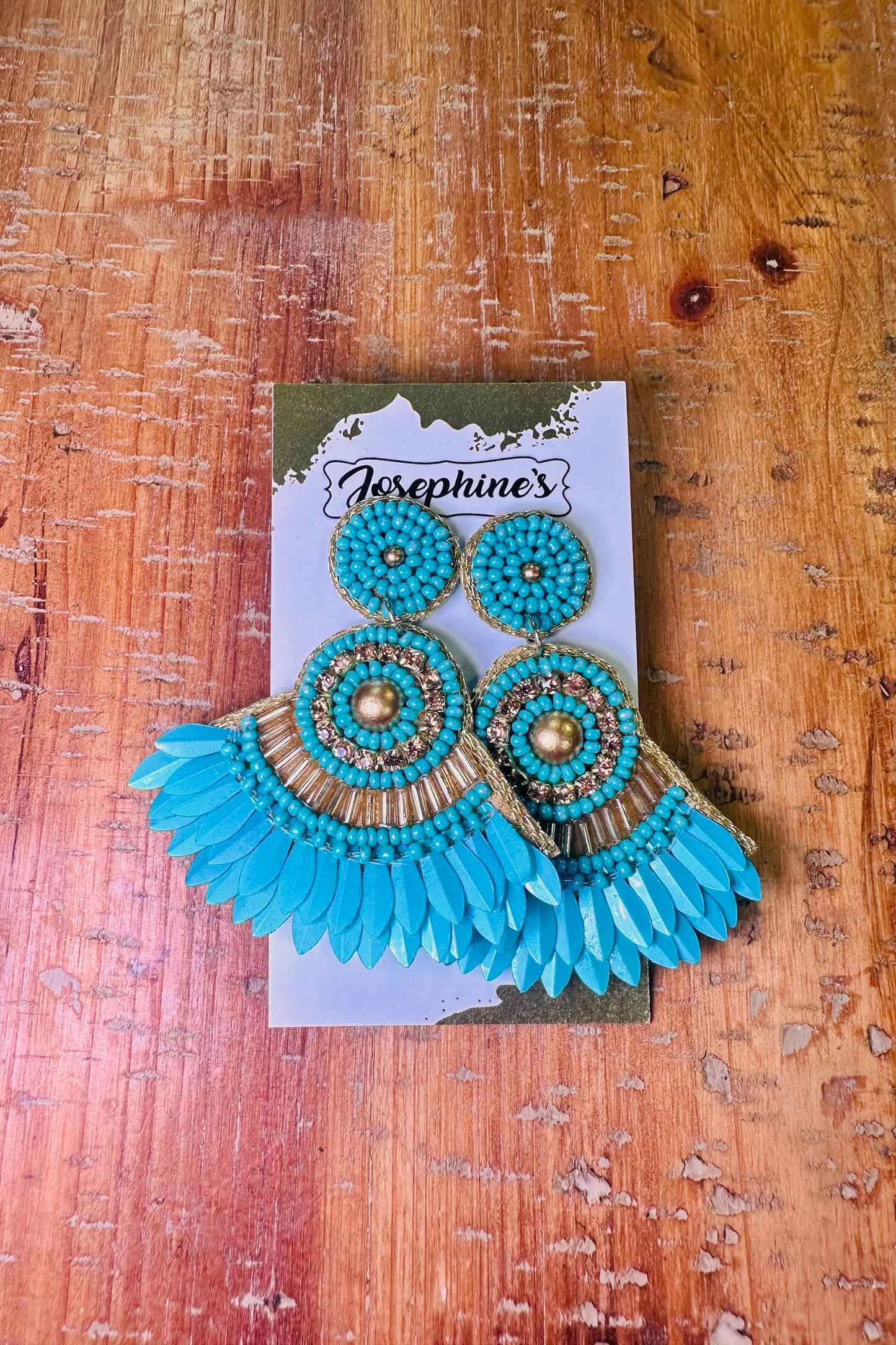 Gold & Turquoise Beaded Feather Earrings