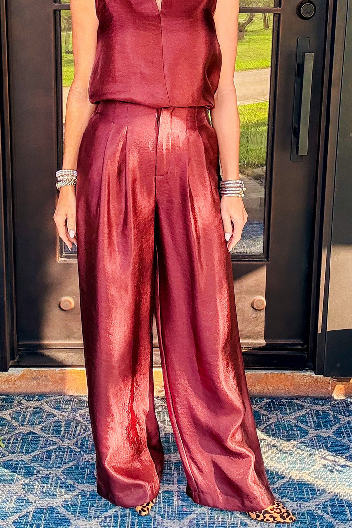 The Luxe Metallic Wide Leg Pants – Burgundy