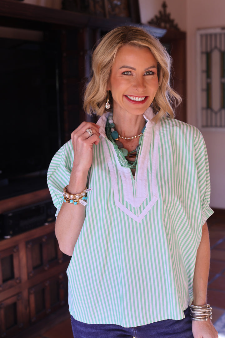 Garden Stripe Split-Neck Top