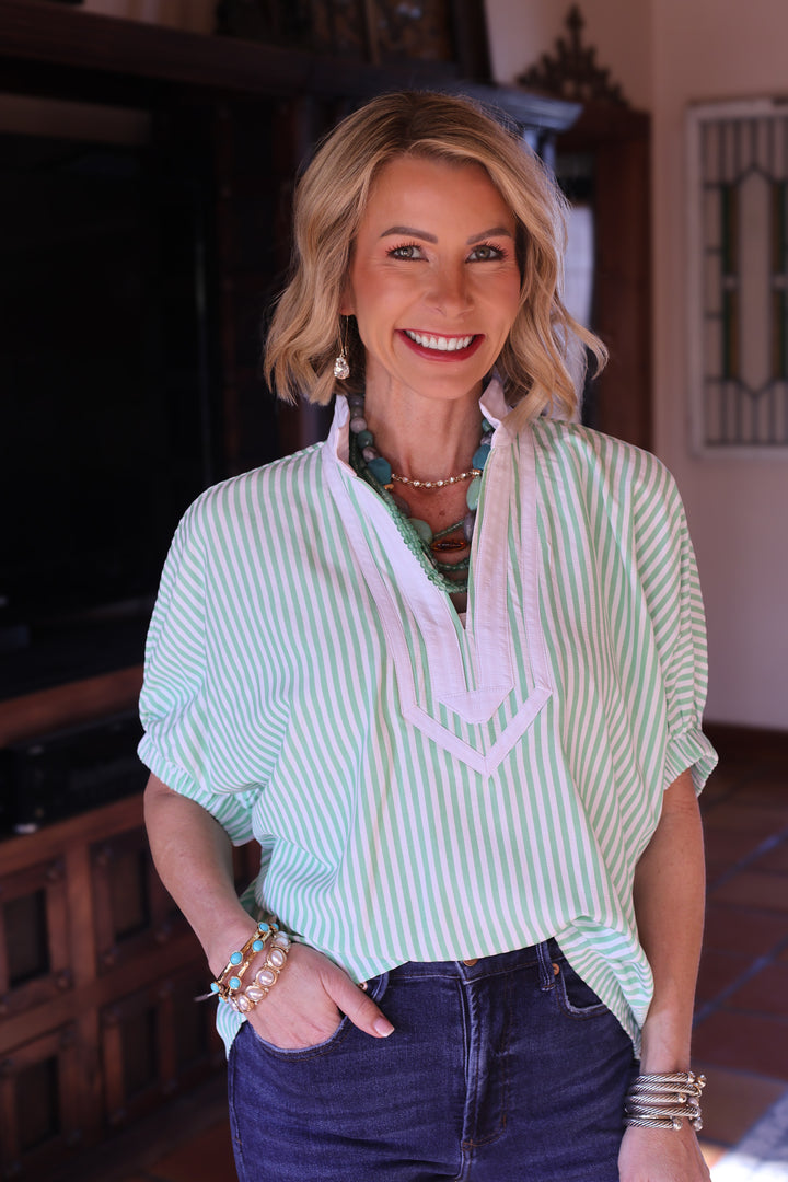 Garden Stripe Split-Neck Top