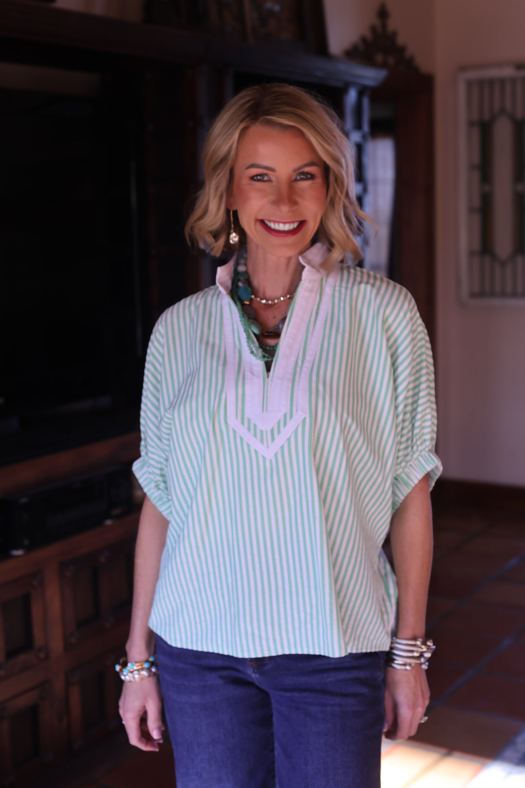 Garden Stripe Split-Neck Top