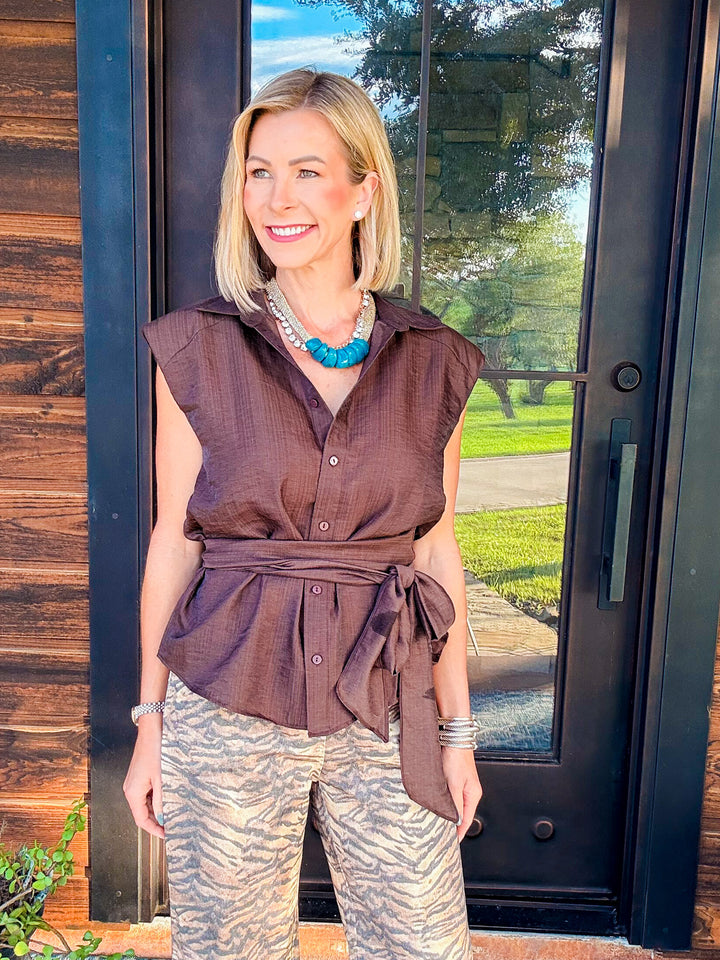 The Sutton Tie-Waist Textured Button Down Top – Brown