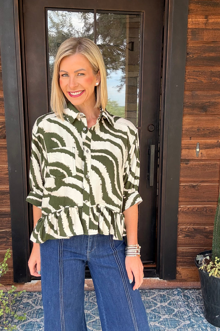 Abstract Zebra Ruffle Hem Button Down Top – Olive