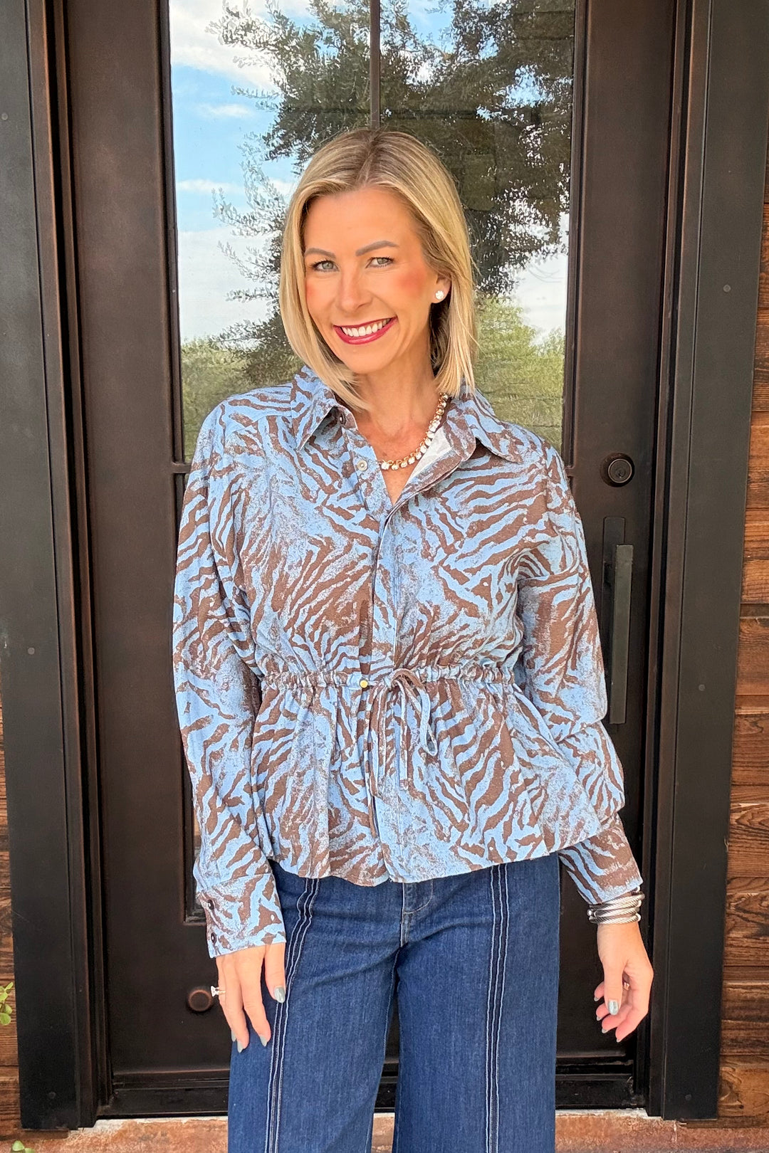 Abstract Animal Print Drawstring Waist Top – Camel Blue