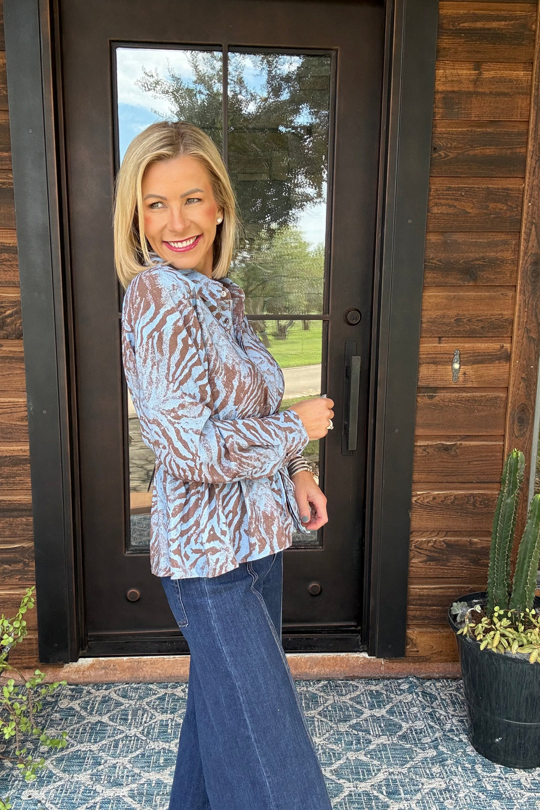 Abstract Animal Print Drawstring Waist Top – Camel Blue