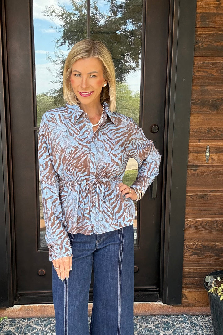 Abstract Animal Print Drawstring Waist Top – Camel Blue