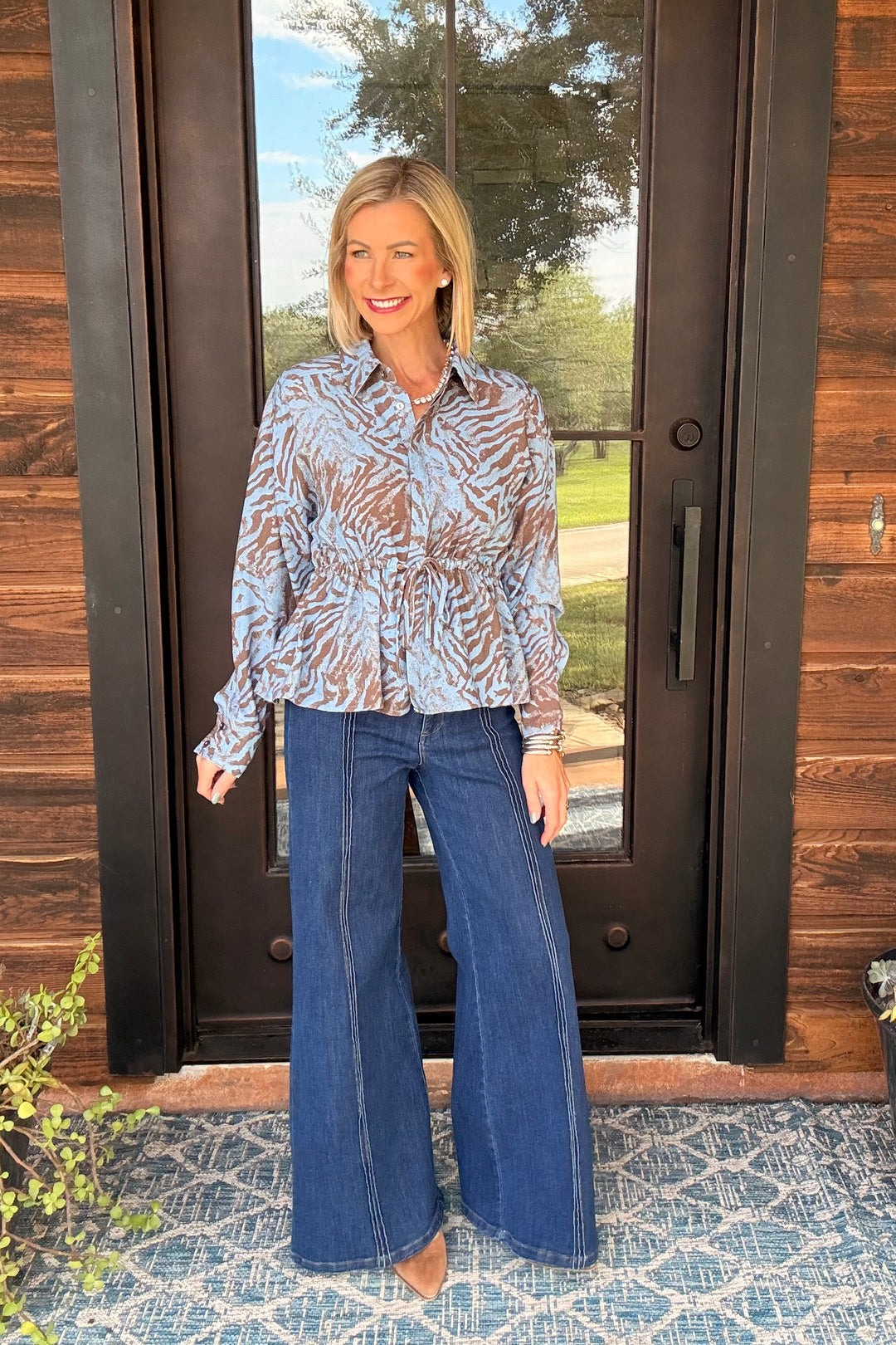 Abstract Animal Print Drawstring Waist Top – Camel Blue