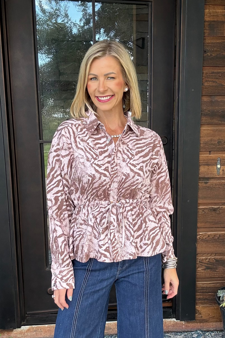 Abstract Animal Print Drawstring Waist Top – Camel Pink