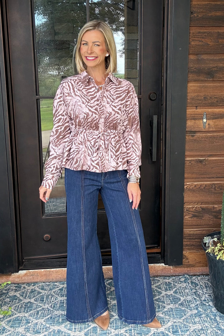 Abstract Animal Print Drawstring Waist Top – Camel Pink