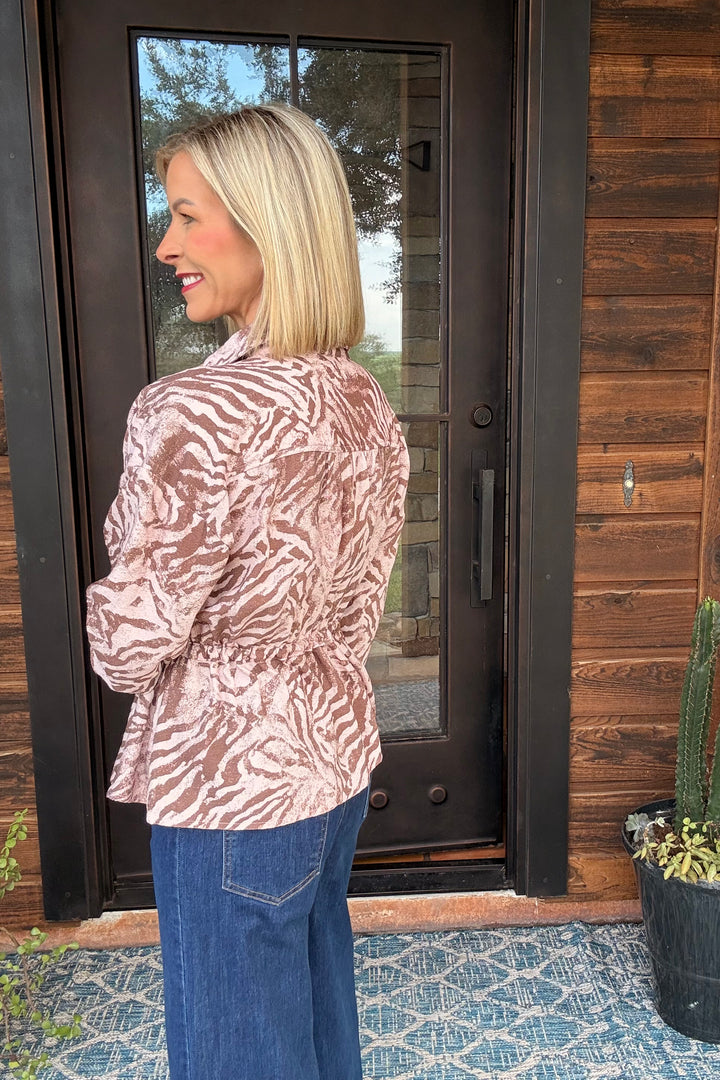 Abstract Animal Print Drawstring Waist Top – Camel Pink