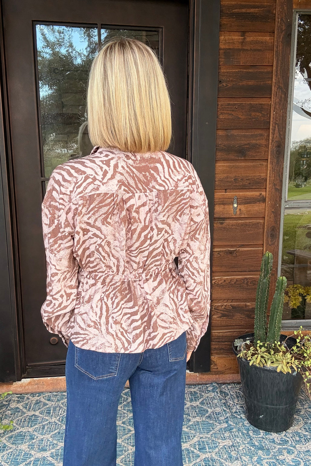 Abstract Animal Print Drawstring Waist Top – Camel Pink