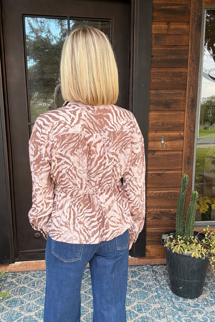 Abstract Animal Print Drawstring Waist Top – Camel Pink