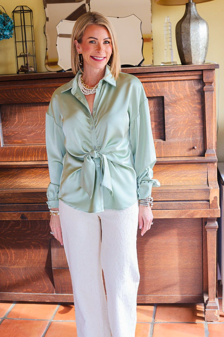 The Elara Tie Blouse – Sage