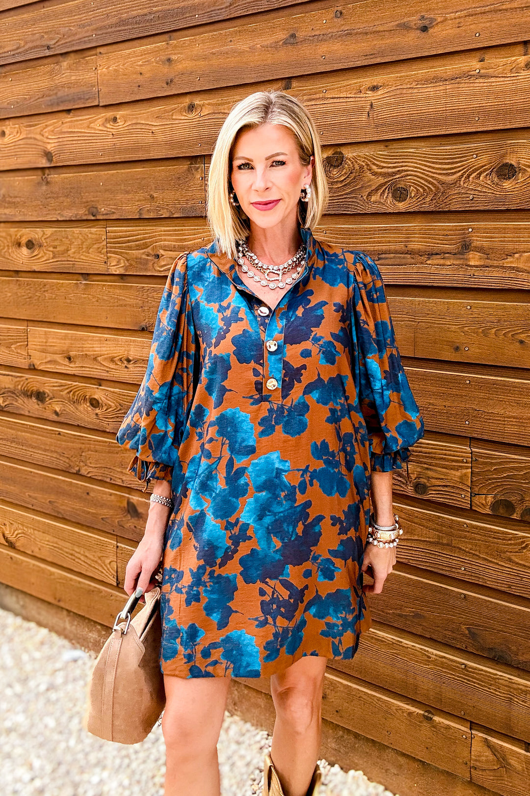 Blue Floral Print Balloon Sleeve Mini Dress