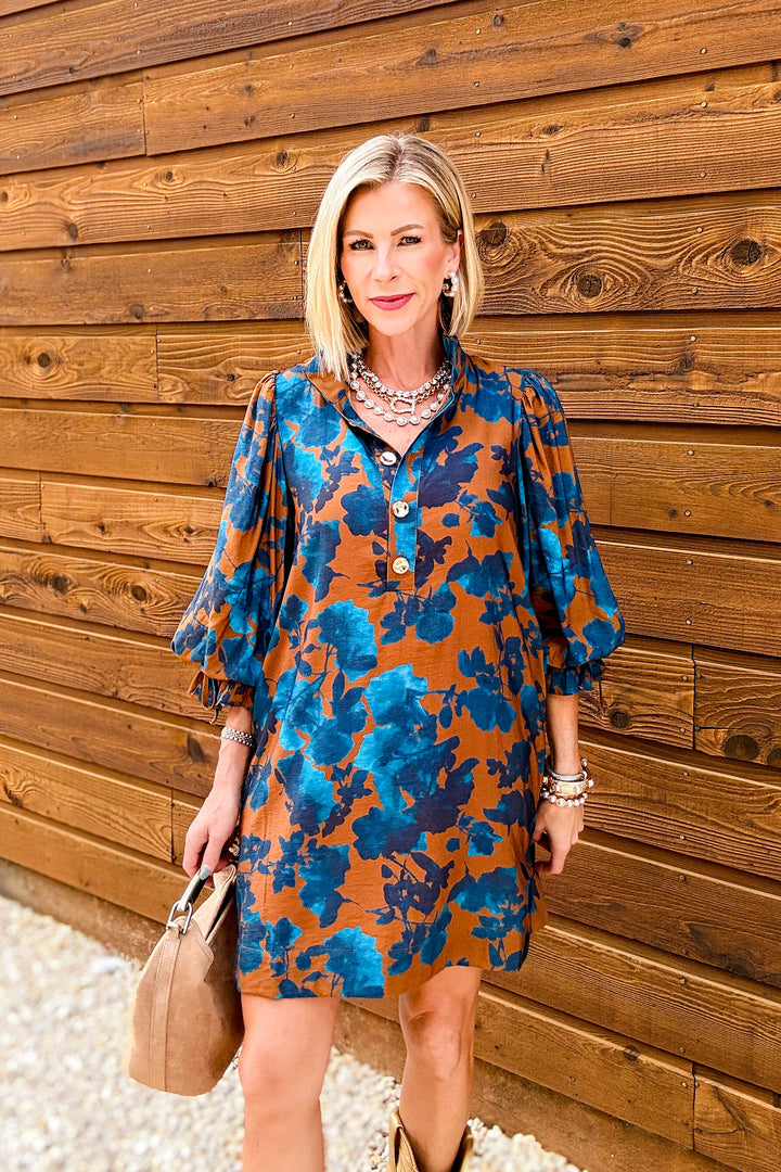Blue Floral Print Balloon Sleeve Mini Dress