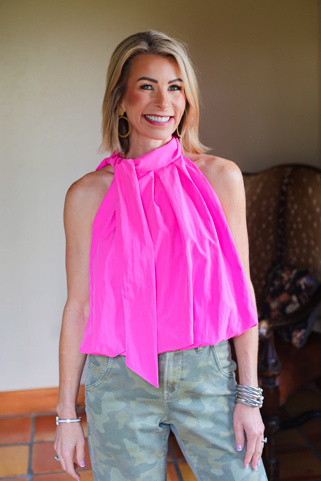The Valette Tie Blouse – Hot Pink