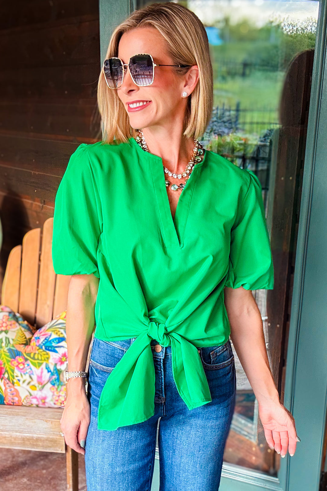 The Camille Tie-Front Puff Sleeve Blouse – Green