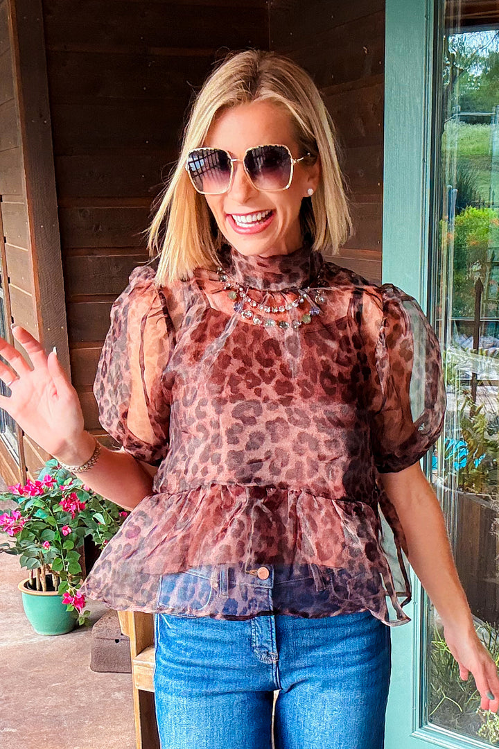 Leopard Print Sheer Puff Sleeve Peplum Top