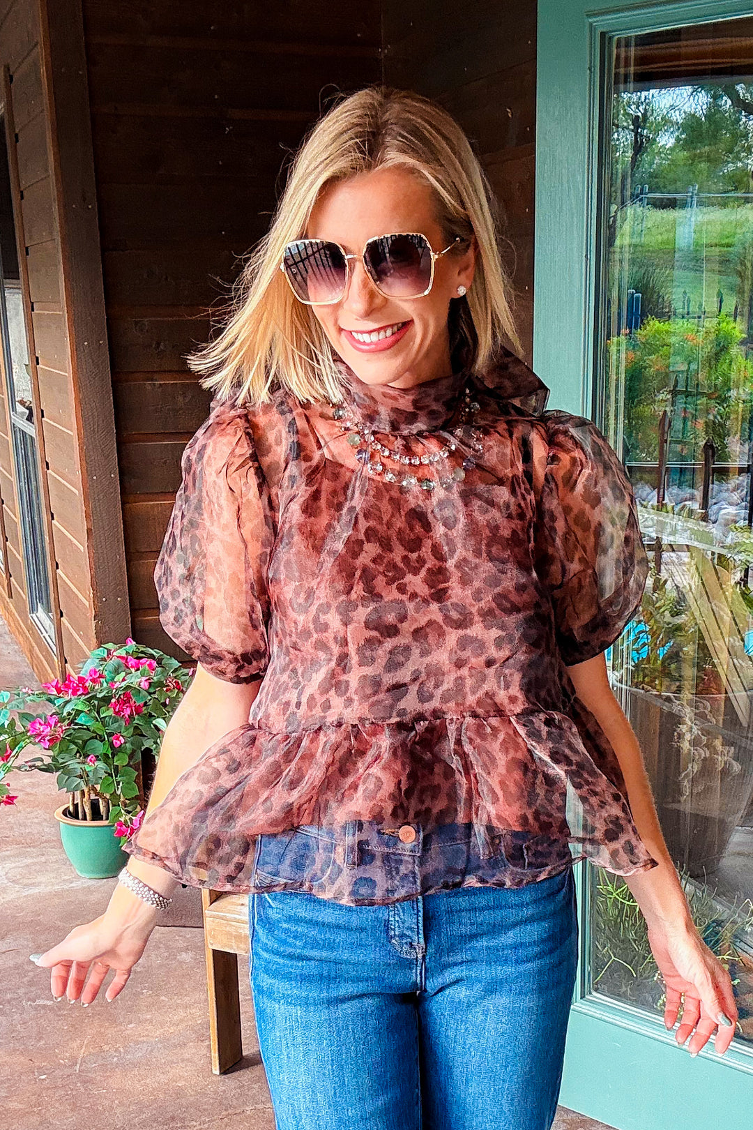 Leopard Print Sheer Puff Sleeve Peplum Top