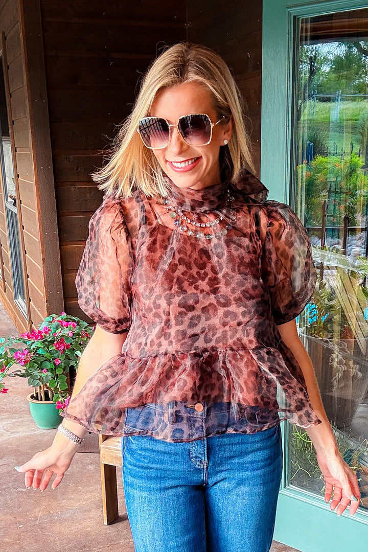 Leopard Print Sheer Puff Sleeve Peplum Top