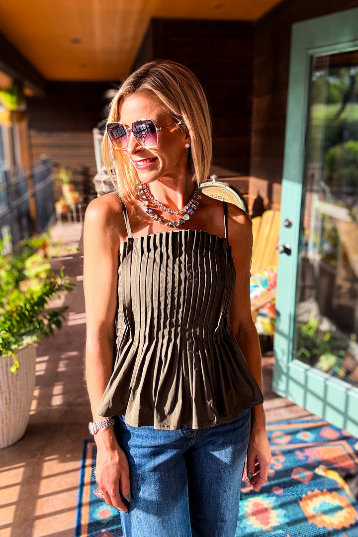 The Pleated Cami Top - Army Green