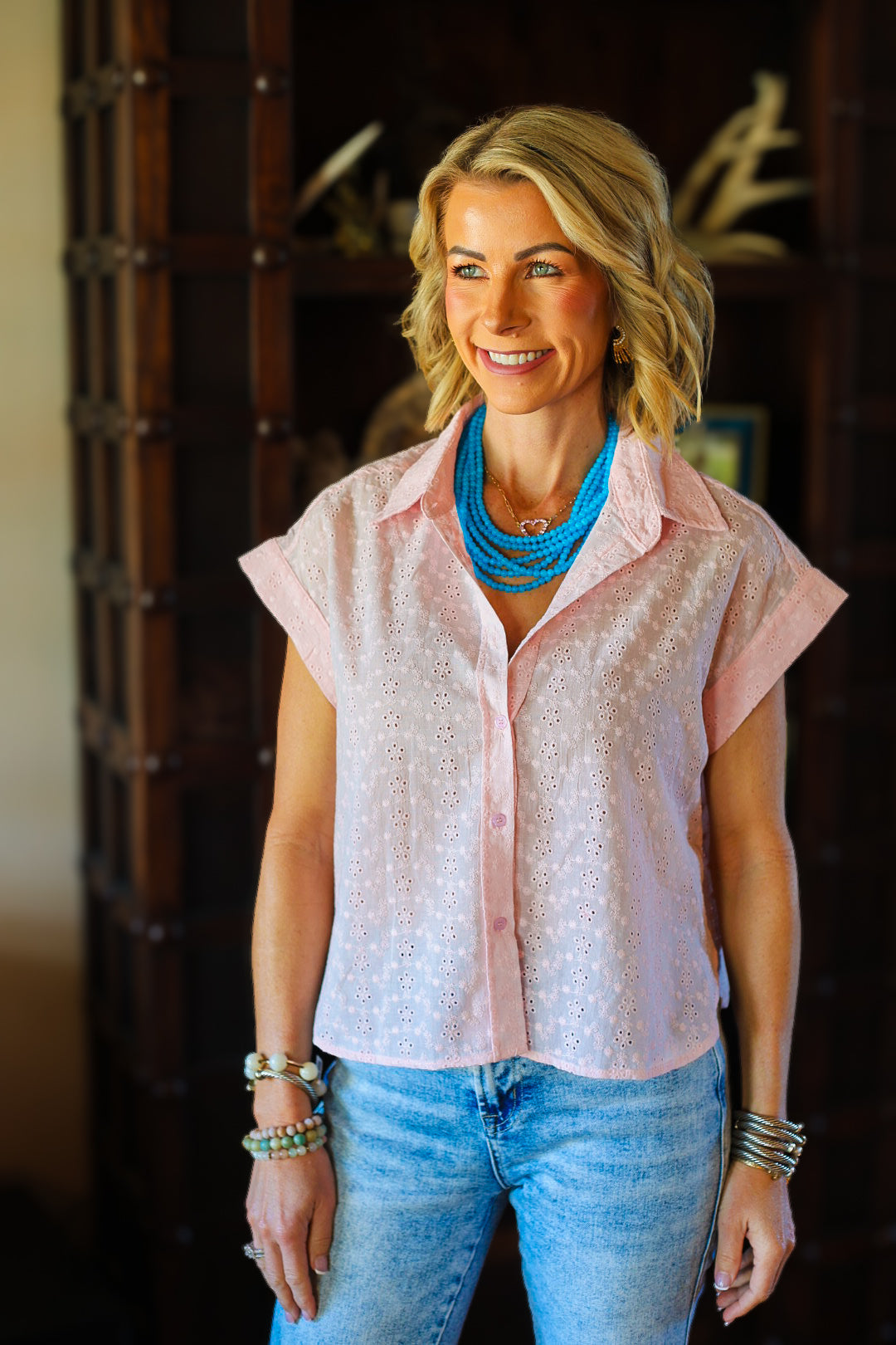 The Eyelet Button-Up Shirt – Soft Pink