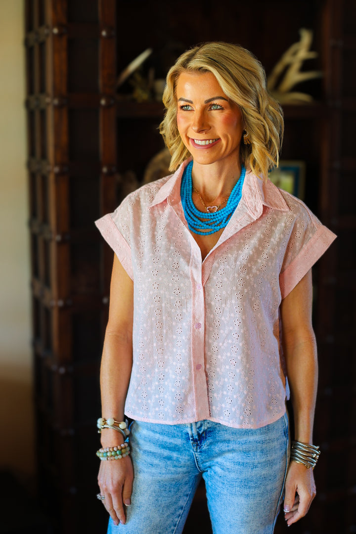 The Eyelet Button-Up Shirt – Soft Pink
