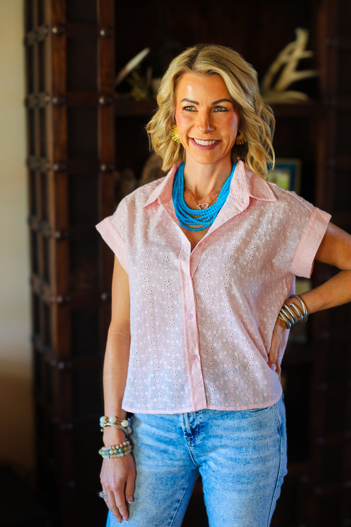 The Eyelet Button-Up Shirt – Soft Pink