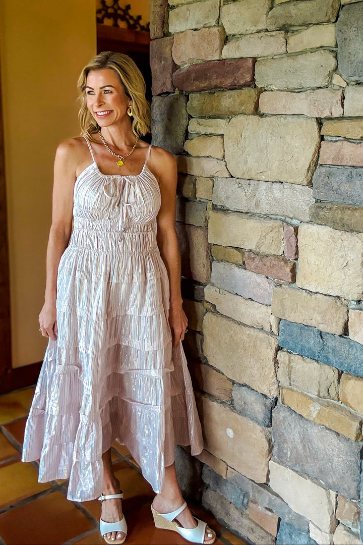 The Champagne Glow Tiered Midi Dress