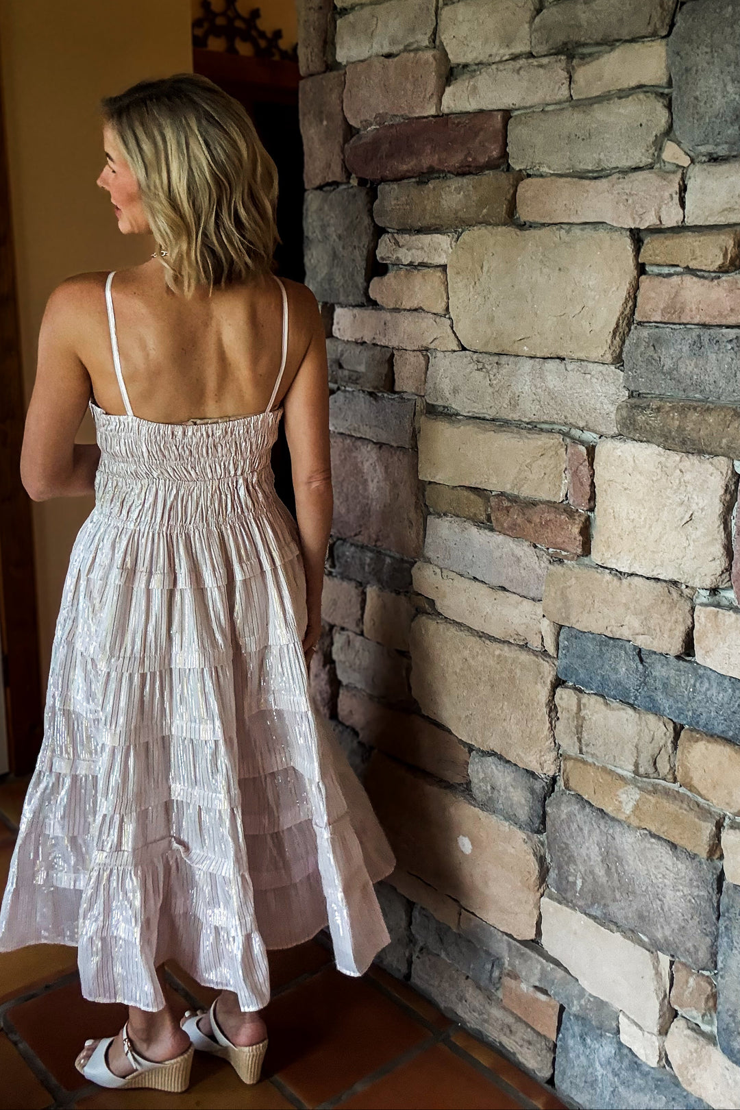 The Champagne Glow Tiered Midi Dress