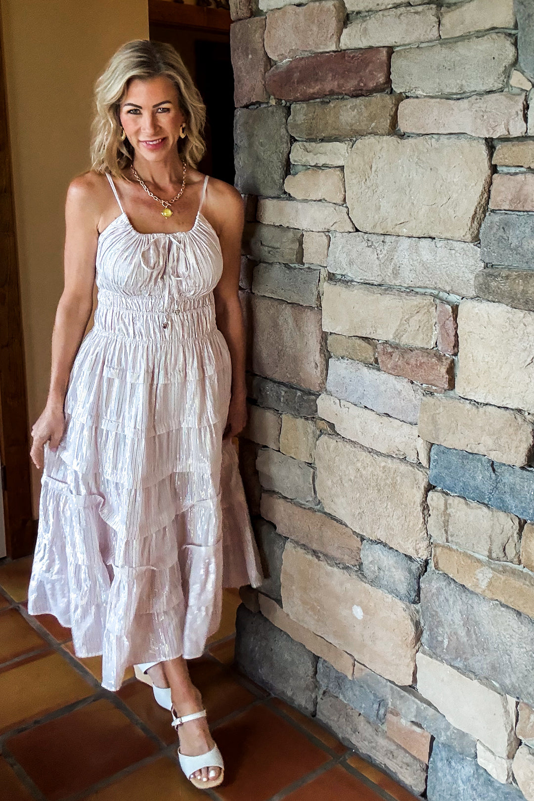 The Champagne Glow Tiered Midi Dress