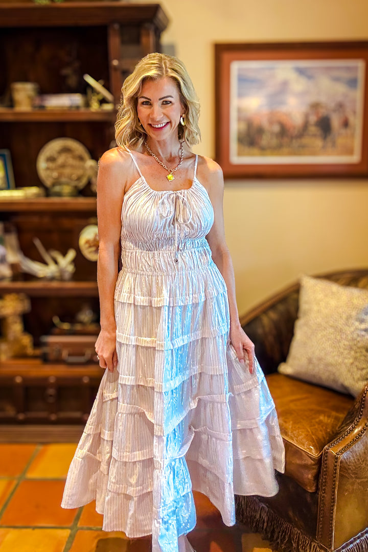 The Champagne Glow Tiered Midi Dress