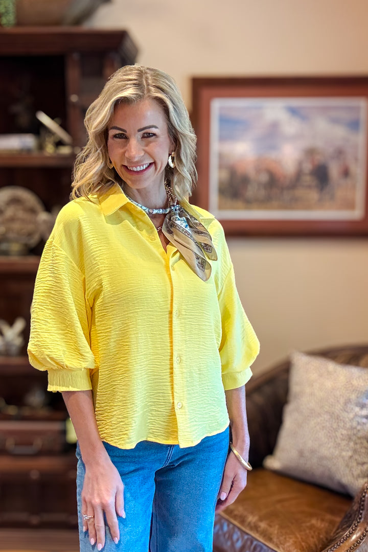 The Everyday Ease Button Down Top-Yellow