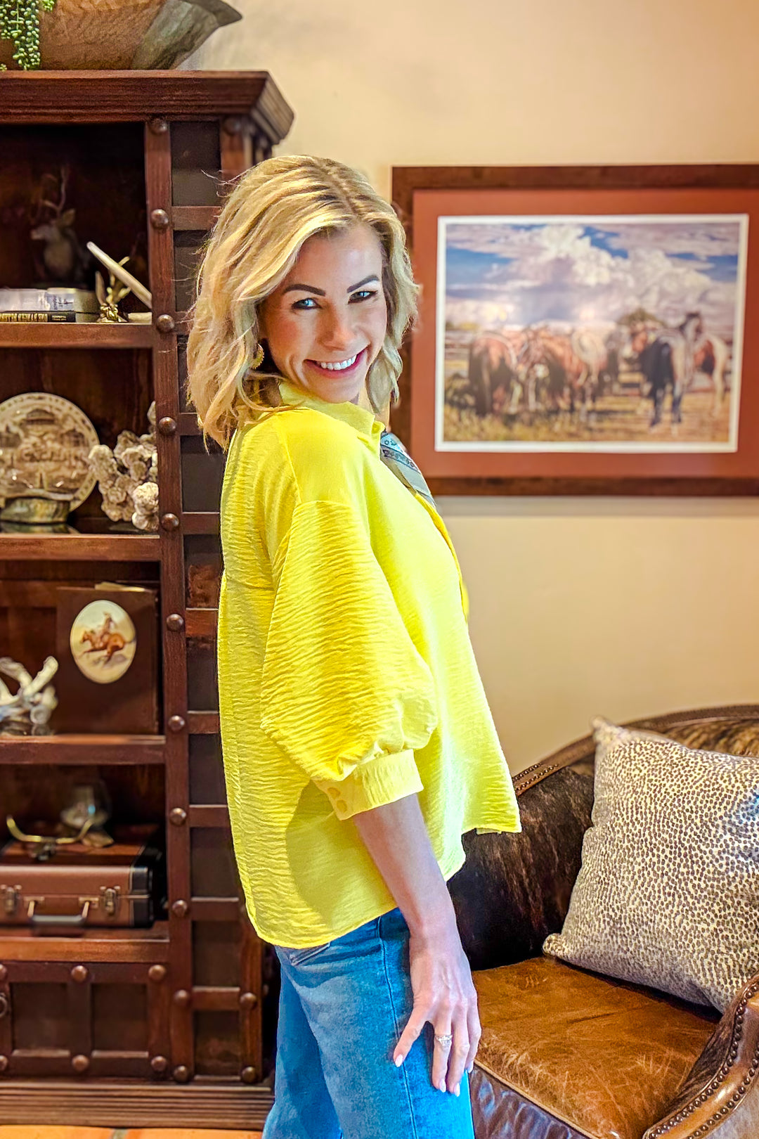 The Everyday Ease Button Down Top-Yellow