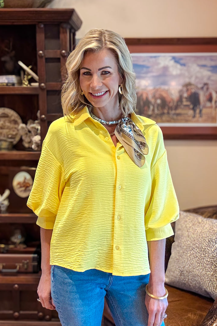 The Everyday Ease Button Down Top-Yellow