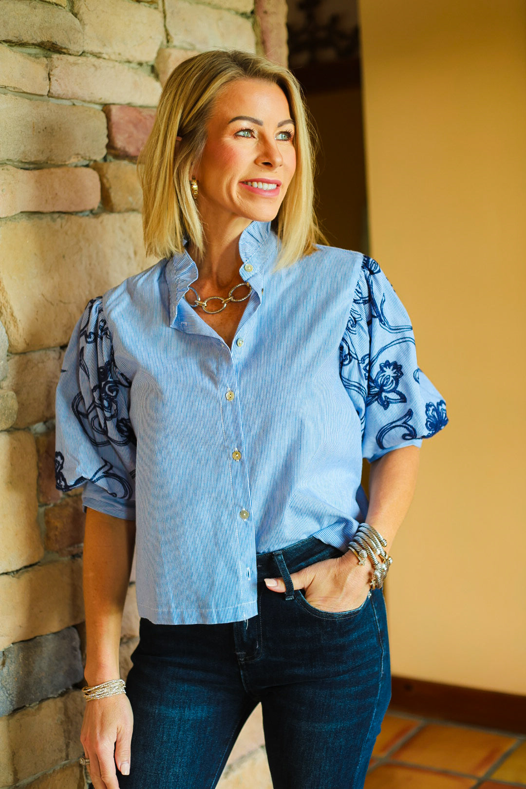 The Ellison Embroidered Blouse – Navy