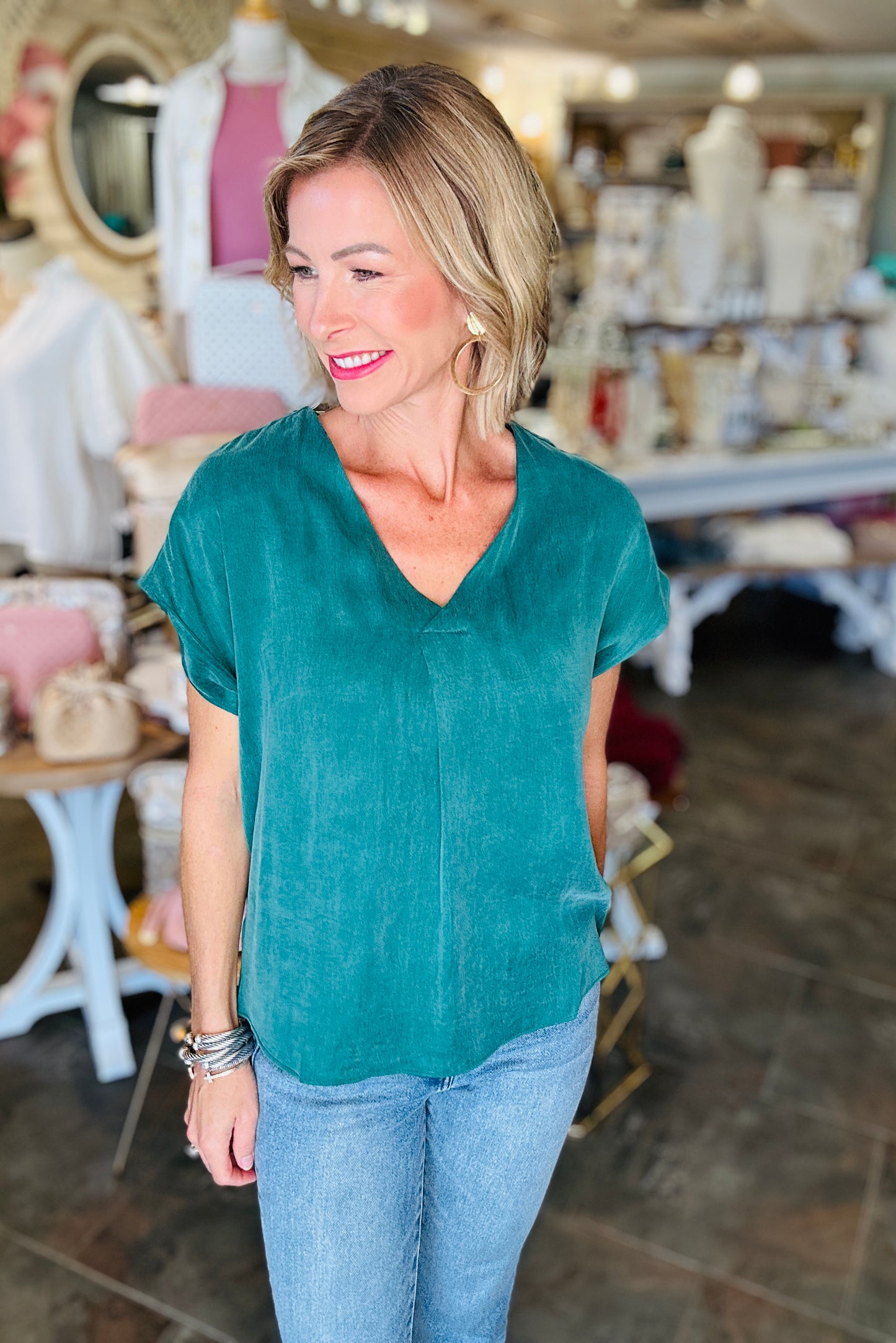 Dear John Kristen V Neck Short Sleeve Top in Emerald Green