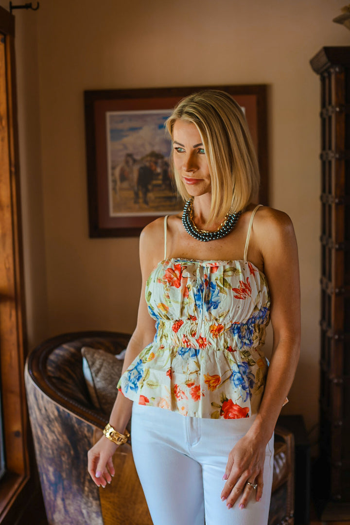 The Garden Party Smocked Top – Ivory Multi