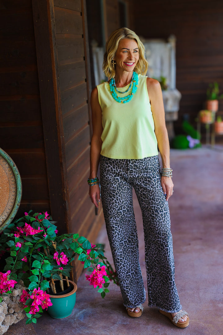 Mica Wide Leg Frayed Hem Leopard Jean