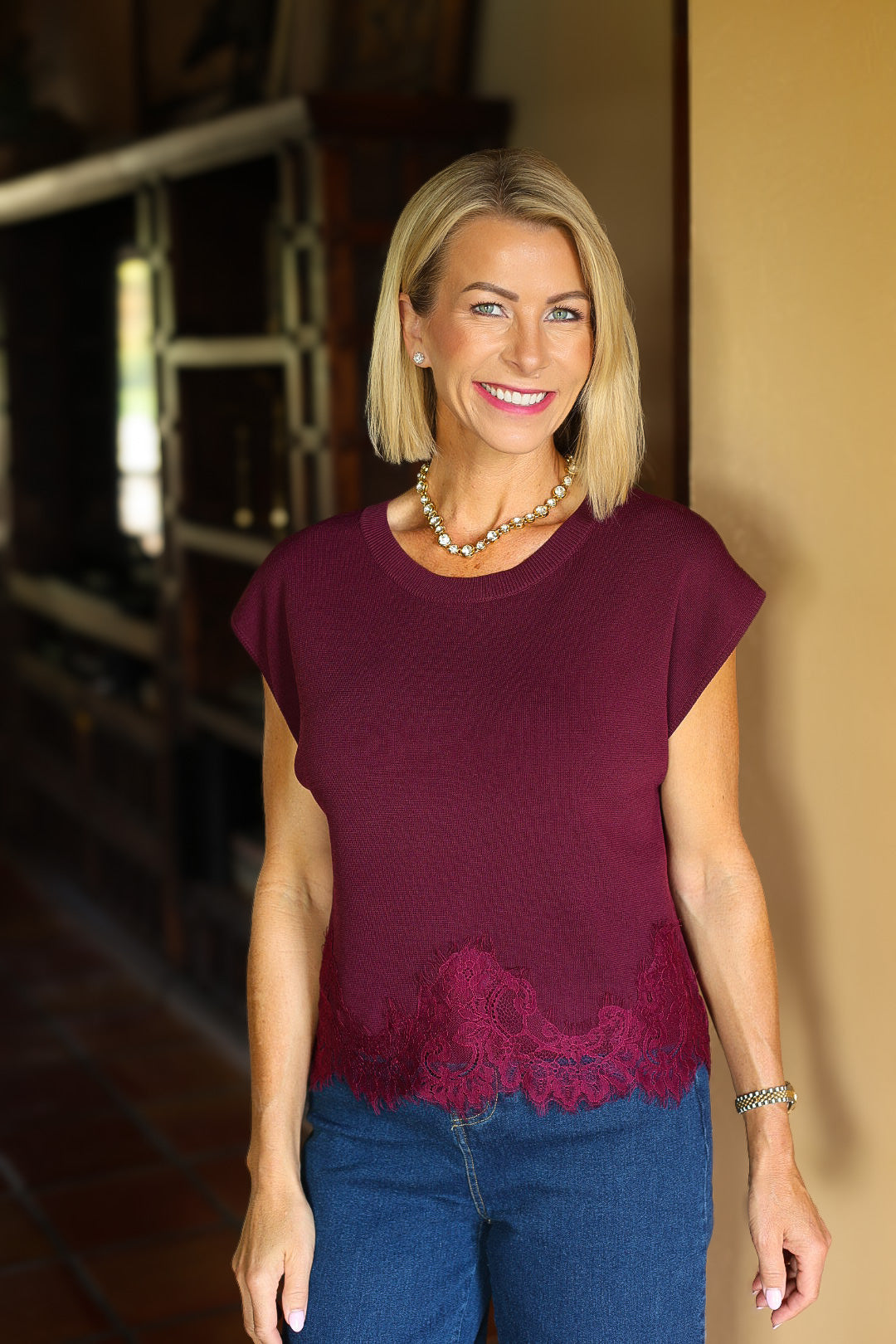 The Burgundy Lace Trim Top