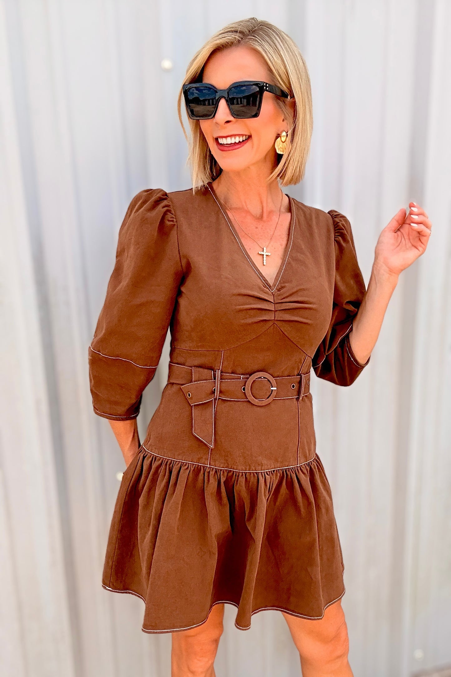 Mocha Charm Belted Puff Sleeve Dress