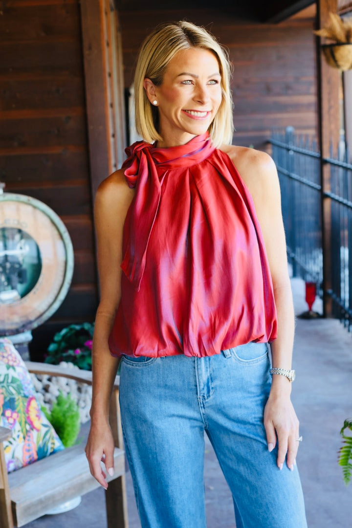 The Sienna Satin Tie-Neck Bubble Top – Rust