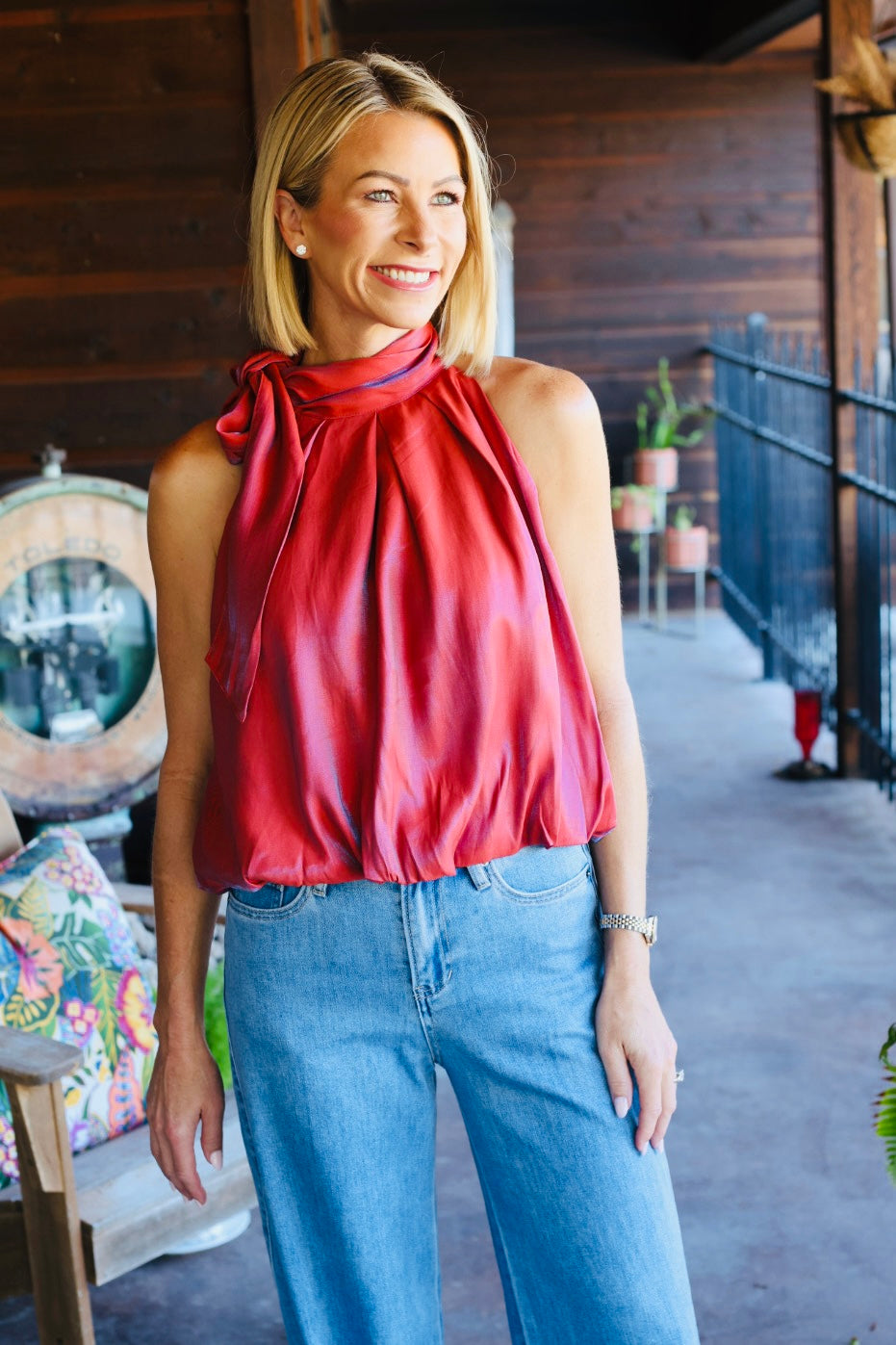 The Sienna Satin Tie-Neck Bubble Top – Rust