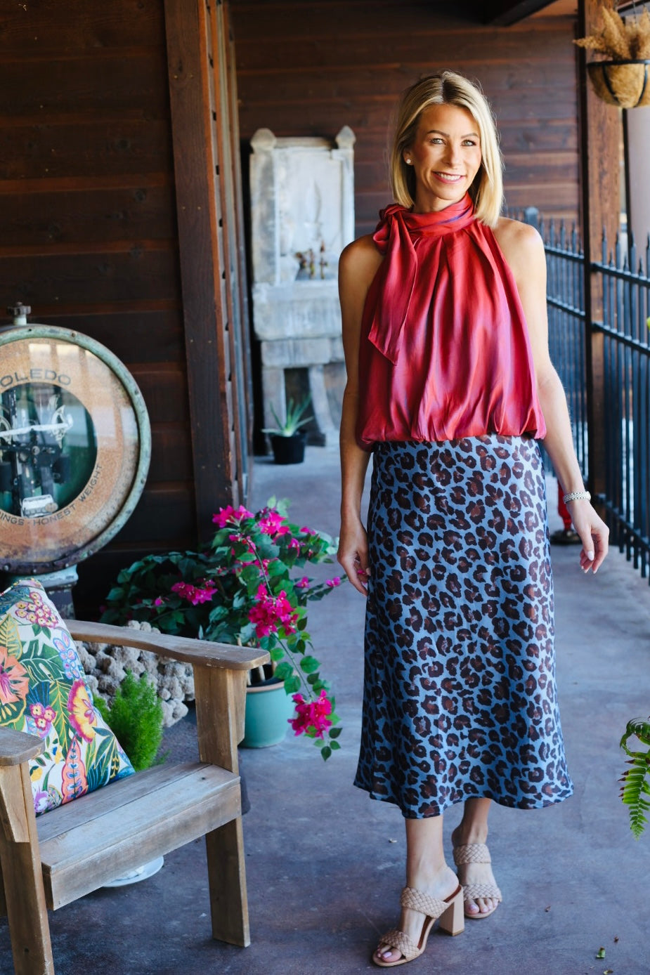 The Sienna Satin Tie-Neck Bubble Top – Rust