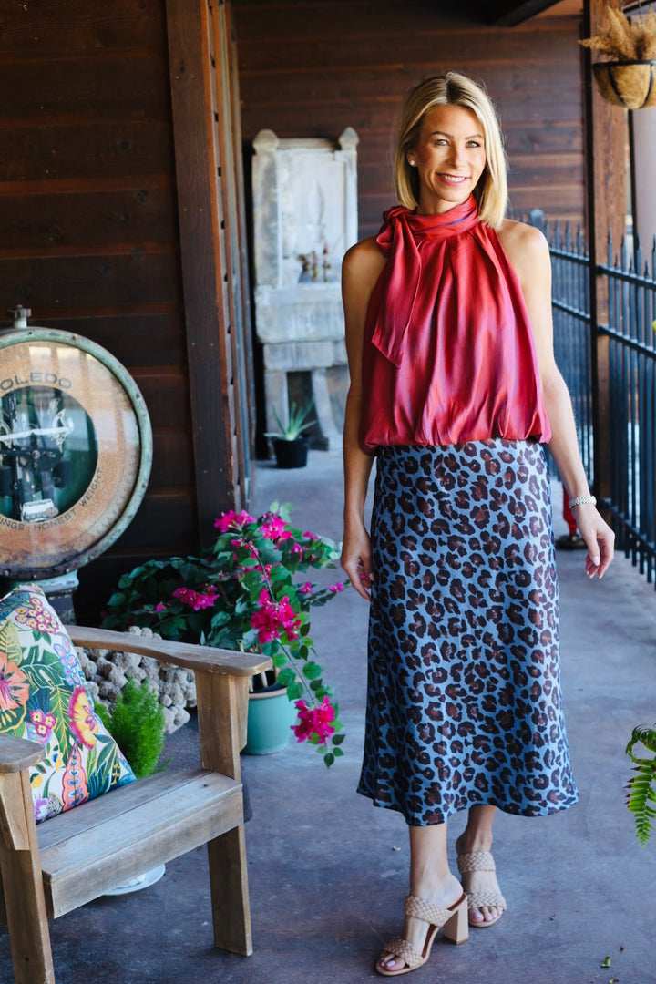 The Sienna Satin Tie-Neck Bubble Top – Rust