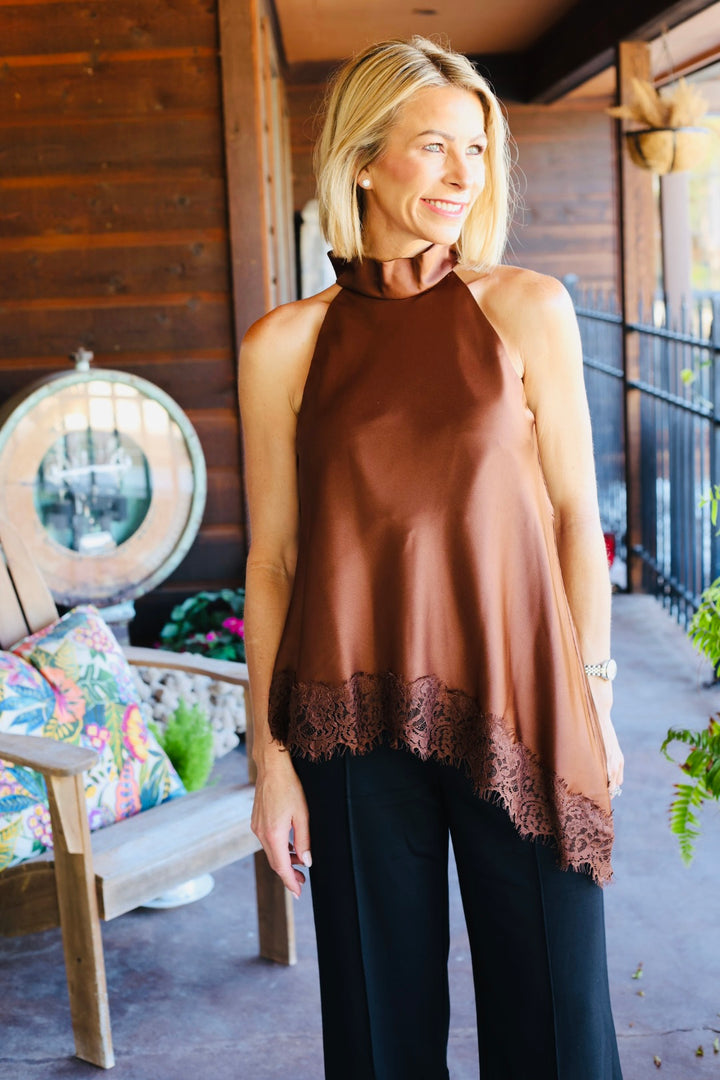 The Satin Lace Asymmetrical Hem Top – Chocolate