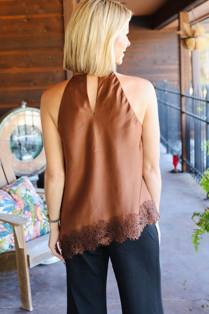 The Satin Lace Asymmetrical Hem Top – Chocolate