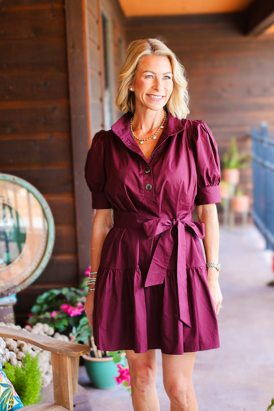 The Adeline Cotton Tie-Waist Dress – Burgundy