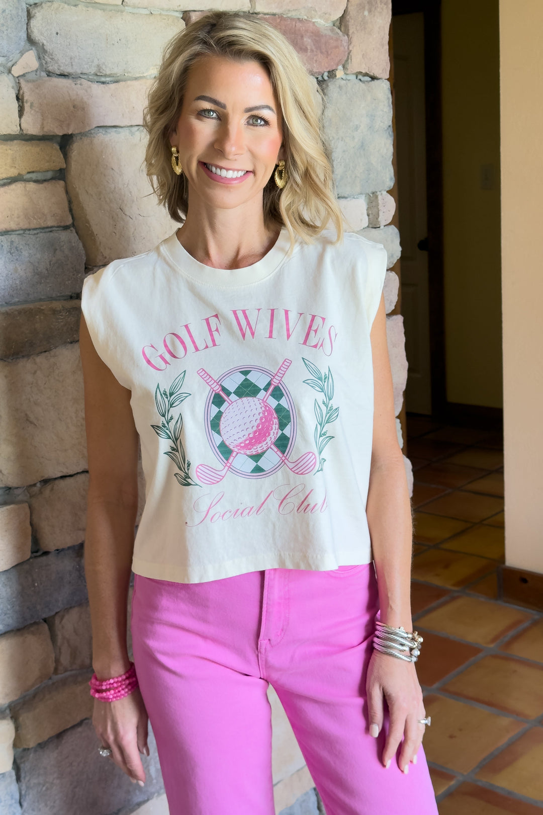 The Country Club Chic Graphic Muscle Tee – Cream